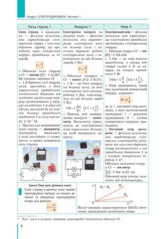 6
розділ I. електроДинаміка. Частина 1
Сила струму I Напруга U Опір R
Сила струму в провідни-
ку — фізична величина,
яка характеризує елек­
тричний струм і чисельно
дорівнює заряду, що про­
ходить через поперечний
переріз провідника за се­
кунду:
I
q
t
=
yy Одиниця сили струму
в СІ — ампер: [I] = 1 А (A)*.
Це основна одиниця СІ.
yy 1 А дорівнює силі струму,
який, проходячи в двох
паралельних провідниках
нескінченної довжини та
нехтовно малої площі пере­
різу, розташованих у ваку­
умі на відстані 1 м один від
одного, викликав би на кож­
ній ділянці провідників
завдовжки 1 м силу взаємо­
дії 2 10 7
⋅ −
Н.
yy Прилад для вимірювання
сили струму — амперметр.
Амперметр вмикають
у коло послідовно зі спожи­
вачем, в якому вимірюють
силу струму.
–
–
–
+
+а
Електрична напруга на
ділянці кола — фізична
величина, яка характе­
ризує електричне поле
на ділянці кола і чи­
сельно дорівнює роботі
електричного поля з пе­
реміщення по цій ділянці
заряду 1 Кл:
U
A
q
=
yy Одиниця напруги в
СІ — вольт: [U]=1 В (V).
yy 1 В — це така напруга
на ділянці кола, за якої
електричне поле виконує
роботу 1 Дж, переміщу­
ючи по цій ділянці заряд
1 Кл:
1 1В
Дж
Кл
= 1 1V
J
C
=( ).
yy Прилад для вимірю-
вання напруги — вольт-
метр. Вольтметр приєд-
нують до електричного
кола паралельно ділянці,
на якій вимірюють на-
пругу.
+
+
V
–
–
+
+
Електричний опір — фізична
величина, яка характери­
зує властивість провідника
протидіяти електричному
струму.
yy Одиниця опору в СІ — ом:
[R] =1 Ом (Ω).
yy 1 Ом — це опір такого
провідника, в якому йде
струм силою 1 А за на­
пруги на кінцях провід­
ника 1 В:
1 1Ом
В
А
= 1 1Ω =( )V
A
.
yy Опір провідника, який
має незмінний поперечний
переріз, дорівнює:
R
l
S
= ρ ,
де ρ — питомий опір речо-
вини, з якої виготовлений
провідник; l — довжина
провідника; S — площа
поперечного перерізу про-
відника.
yy Питомий опір речо-
вини — фізична величина,
яка характеризує елек­
тричні властивості речо­
вини та чисельно дорівнює
опору виготовленого з неї
провідника довжиною 1 м
і площею поперечного пе­
рерізу 1 м2.
Одиниця питомого опору
в СІ — ом-метр:
ρ[ ]=1 Ом·м (Ω ·m).
Питомий опір істотно зале­
жить від температури.
Закон Ома для ділянки кола
сила струму в ділянці кола прямо
пропорційна напрузі на кінцях ді-
лянки та обернено пропорційна
опору цієї ділянки:
I
U
R
=
0 U
I R1R1 <R2
R2
Вольт-амперна характеристика (ВАХ) мета-
левих провідників незмінного опору
* Тут і далі в дужках наведено міжнародні позначення одиниць СІ.
 