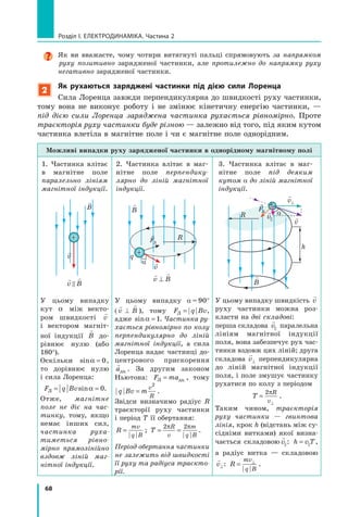 68
розділ I. електроДинаміка. Частина 2
Як ви вважаєте, чому чотири витягнуті пальці спрямовують за напрямком
руху позитивно зарядженої частинки, але протилежно до напрямку руху
негативно зарядженої частинки.
2
як рухаються заряджені частинки під дією сили лоренца
Сила Лоренца завжди перпендикулярна до швидкості руху частинки,
тому вона не виконує роботу і не змінює кінетичну енергію частинки, —
під дією сили Лоренца заряджена частинка рухається рівномірно. Проте
траєкторія руху частинки буде різною — залежно від того, під яким кутом
частинка влетіла в магнітне поле і чи є магнітне поле однорідним.
Можливі випадки руху зарядженої частинки в однорідному магнітному полі
1. Частинка влітає
в магнітне поле
паралельно лініям
магнітної індукції.
2. Частинка влітає в маг-
нітне поле перпендику­
лярно до ліній магнітної
індукції.
3. Частинка влітає в маг-
нітне поле під деяким
кутом α до ліній магнітної
індукції.
vv
B
+
v B
v

B
FFЛЛFЛFFЛF R
α
+
q
 
v B⊥ 
B
v
h
R

v⊥
v
α
FFFЛЛFЛFFЛF
+
У цьому випадку
кут α між векто-
ром швидкості

v
і вектором магніт-
ної індукції

B до-
рівнює нулю (або
180°).
Оскільки sinα = 0,
то дорівнює нулю
і сила Лоренца:
F q BvЛ = =sinα 0.
Отже, магнітне
поле не діє на час­
тинку, тому, якщо
немає інших сил,
частинка руха­
тиметься рівно­
мірно прямолінійно
вздовж ліній маг­
нітної індукції.
У цьому випадку α = 90° 
(

v ⊥ 

B ), тому F q BvЛ = ,
адже sinα = 1. Частинка ру­
хається рівномірно по колу
перпендикулярно до ліній
магнітної індукції, а сила
Лоренца надає частинці до-
центрового прискорення

aдц . За другим законом
Ньютона: F maЛ дц= , тому
q Bv m
v
R
=
2
.
Звідси визначимо радіус R
траєкторії руху частинки
і період T її обертання:
R
mv
q B
= ; T
R
v
m
q B
= =
2 2π π
.
Період обертання частинки
не залежить від швидкості
її руху та радіуса траєкто­
рії.
У цьому випадку швидкість

v
руху частинки можна роз-
класти на дві складові:
перша складова v паралельна
лініям магнітної індукції
поля, вона забезпечує рух час-
тинки вздовж цих ліній; друга
складова

v⊥ перпендикулярна
до ліній магнітної індукції
поля, і поле змушує частинку
рухатися по колу з періодом
T
R
v
=
⊥
2π
.
Таким чином, траєкторія
руху частинки — гвинтова
лінія, крок h (відстань між су-
сідніми витками) якої визна-
чається складовою v : h v T=  ,
а радіус витка — складовою

v⊥: R
mv
q B
= ⊥
.
 