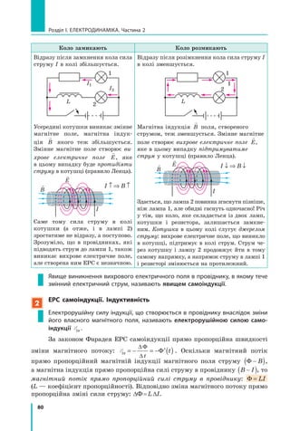 80
розділ I. електроДинаміка. Частина 2
Коло замикають Коло розмикають
Відразу після замкнення кола сила
струму I в колі збільшується.
I1
I2
L
1
2
Усередині котушки виникає змінне
магнітне поле, магнітна індук-
ція

B якого теж збільшується.
Змінне магнітне поле створює ви­
хрове електричне поле

E, яке
в цьому випадку буде протидіяти
струму в котушці (правило Ленца).

B
E
I B↑ ⇒I B↑ ⇒I B ↑
I
Саме тому сила струму в колі
котушки (а отже, і в лампі 2)
зростатиме не відразу, а поступово.
Зрозуміло, що в провідниках, які
підводять струм до лампи 1, також
виникає вихрове електричне поле,
але створена ним ЕРС є незначною.
Відразу після розімкнення кола сила струму I
в колі зменшується.
I
L
1
2
Магнітна індукція

B поля, створеного
струмом, теж зменшується. Змінне магнітне
поле створює вихрове електричне поле

E,
яке в цьому випадку підтримуватиме
струм у котушці (правило Ленца).
I

B
E I B↓ ⇒I B↓ ⇒I B ↓
Здається, що лампа 2 повинна згаснути пізніше,
ніж лампа 1, але обидві гаснуть одночасно! Річ
у тім, що коло, яке складається із двох ламп,
котушки і резистора, залишається замкне-
ним. Котушка в цьому колі слугує джерелом
струму: вихрове електричне поле, що виникло
в котушці, підтримує в колі струм. Струм че-
рез котушку і лампу 2 продовжує йти в тому
самому напрямку, а напрямок струму в лампі 1
і резисторі змінюється на протилежний.
Явище виникнення вихрового електричного поля в провіднику, в якому тече
змінний електричний струм, називають явищем самоіндукції.
2
ЕРс самоіндукції. індуктивність
електрорушійну силу індукції, що створюється в провіднику внаслідок зміни
його власного магнітного поля, називають електрорушійною силою само-
індукції Eis .
За законом Фарадея ЕРС самоіндукції прямо пропорційна швидкості
зміни магнітного потоку: Eis
t
t= − = − ′( )
∆ Φ
∆
Φ . Оскільки магнітний потік
прямо пропорційний магнітній індукції магнітного поля струму Φ  B( ),
а магнітна індукція прямо пропорційна силі струму в провіднику B I( ), то
магнітний потік прямо пропорційний силі струму в провіднику: Φ = LI
(L — коефіцієнт пропорційності). Відповідно зміна магнітного потоку прямо
пропорційна зміні сили струму: DФ=LDI.
 