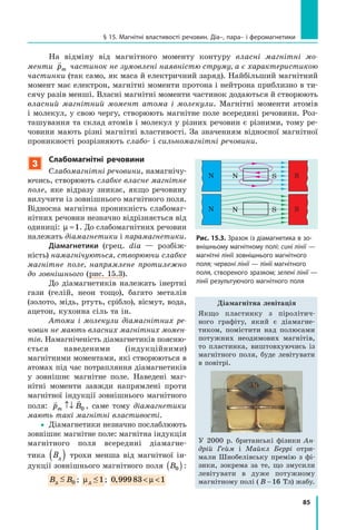 85
§ 15. Магнітні властивості речовин. Діа–, пара– і феромагнетики
На відміну від магнітного моменту контуру власні магнітні мо­
менти

pm частинок не зумовлені наявністю струму, а є характеристикою
частинки (так само, як маса й електричний заряд). Найбільший магнітний
момент має електрон, магнітні моменти протона і нейтрона приблизно в ти-
сячу разів менші. Власні магнітні моменти частинок додаються й створюють
власний магнітний момент атома і молекули. Магнітні моменти атомів
і молекул, у свою чергу, створюють магнітне поле всередині речовини. Роз-
ташування та склад атомів і молекул у різних речовин є різними, тому ре-
човини мають різні магнітні властивості. За значенням відносної магнітної
проникності розрізняють слабо- і сильномагнітні речовини.
Рис. 15.3. Зразок із діамагнетика в зо-
внішньому магнітному полі: сині лінії —
магнітні лінії зовнішнього магнітного
поля; червоні лінії — лінії магнітного
поля, створеного зразком; зелені лінії —
лінії результуючого магнітного поля
SN N S
SN N S
Діамагнітна левітація
Якщо пластинку з піролітич-
ного графіту, який є діамагне-
тиком, помістити над полюсами
потужних неодимових магнітів,
то пластинка, виштовхуючись із
магнітного поля, буде левітувати
в повітрі.
У 2000 р. британські фізики Ан­
дрій Гейм і  Майкл Беррі отри-
мали Шнобелівську премію з  фі-
зики, зокрема за те, що змусили
левітувати в  дуже потужному
магнітному полі ( B 16  Тл) жабу.
3
Слабомагнітні речовини
Слабомагнітні речовини, намагнічу-
ючись, створюють слабке власне магнітне
поле, яке відразу зникає, якщо речовину
вилучити із зовнішнього магнітного поля.
Відносна магнітна проникність слабомаг-
нітних речовин незначно відрізняється від
одиниці: µ ≈1. До слабомагнітних речовин
належать діамагнетики і парамагнетики.
Діамагнетики (грец. dia — розбіж-
ність) намагнічуються, створюючи слабке
магнітне поле, напрямлене протилежно
до зовнішнього (рис. 15.3).
До діамагнетиків належать інертні
гази (гелій, неон тощо), багато металів
(золото, мідь, ртуть, срібло), вісмут, вода,
ацетон, кухонна сіль та ін.
Атоми і молекули діамагнітних ре­
човин не мають власних магнітних момен­
тів. Намагніченість діамагнетиків поясню-
ється наведеними (індукційними)
магнітними моментами, які створюються в
атомах під час потрапляння діамагнетиків
у зовнішнє магнітне поле. Наведені маг-
нітні моменти завжди напрямлені проти
магнітної індукції зовнішнього магнітного
поля:
 
p Bm ↑↓ 0 , саме тому діамагнетики
мають такі магнітні власти­вості.
yy Діамагнетики незначно послаблюють
зовнішнє магнітне поле: магнітна індукція
магнітного поля всередині діамагне-
тика Bд( ) трохи менша від магнітної ін-
дукції зовнішнього магнітного поля B0( ):
B Bд
 0 ; µд
1 ; 0 99983 1,  µ
 