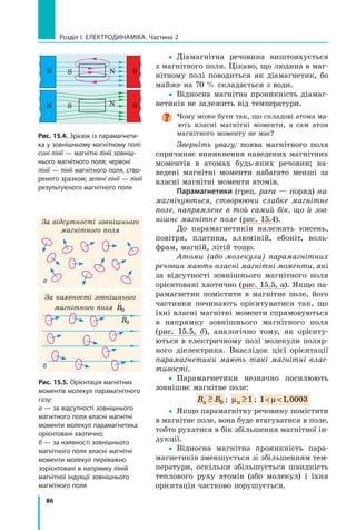 86
Розділ I. Електродинаміка. Частина 2
yy Діамагнітна речовина виштовхується
з магнітного поля. Цікаво, що людина в маг-
нітному полі поводиться як діамагнетик, бо
майже на 70 % складається з води.
yy Відносна магнітна проникність діамаг-
нетиків не залежить від температури.
Чому може бути так, що складові атома ма-
ють власні магнітні моменти, а сам атом
магнітного моменту не має?
Зверніть увагу: поява магнітного поля
спричиняє виникнення наведених магнітних
моментів в  атомах будь-яких речовин; на-
ведені магнітні моменти набагато менші за
власні магнітні моменти атомів.
Парамагнетики (грец. para — поряд) на­
магнічуються, створюючи слабке магнітне
поле, напрямлене в той самий бік, що й зов­
нішнє магнітне поле (рис. 15.4).
До парамагнетиків належать кисень,
повітря, платина, алюміній, ебоніт, воль-
фрам, магній, літій тощо.
Атоми (або молекули) парамагнітних
речовин мають власні магнітні моменти, які
за відсутності зовнішнього магнітного поля
орієнтовані хаотично (рис. 15.5, а). Якщо па-
рамагнетик помістити в магнітне поле, його
частинки починають орієнтуватися так, що
їхні власні магнітні моменти спрямовуються
в напрямку зовнішнього магнітного поля
(рис. 15.5, б), аналогічно тому, як орієнту-
ються в електричному полі молекули поляр-
ного діелектрика. Внаслідок цієї орієнтації
парамагнетики мають такі магнітні влас­
тивості.
yy Парамагнетики незначно посилюють
зовнішнє магнітне поле:
B Bп
 0 ; µп
1 ; 1 1 0003 µ ,
yy Якщо парамагнітну речовину помістити
в магнітне поле, вона буде втягуватися в поле,
тобто рухатися в бік збільшення магнітної ін-
дукції.
yy Відносна магнітна проникність пара-
магнетиків зменшується зі збільшенням тем-
ператури, оскільки збільшується швидкість
теплового руху атомів (або молекул) і  їхня
орієнтація частково порушується.
а
б
За відсутності зовнішнього
магнітного поля
За наявності зовнішнього
магнітного поля

B0
Рис. 15.5. Орієнтація магнітних
моментів молекул парамагнітного
газу:
а — за відсутності зовнішнього
магнітного поля власні магнітні
моменти молекул парамагнетика
орієнтовані хаотично;
б — за наявності зовнішнього
магнітного поля власні магнітні
моменти молекул переважно
зорієнтовані в напрямку ліній
магнітної індукції зовнішнього
магнітного поля
Рис. 15.4. Зразок із парамагнети-
ка у зовнішньому магнітному полі:
сині лінії — магнітні лінії зовніш-
нього магнітного поля; червоні
лінії — лінії магнітного поля, ство-
реного зразком; зелені лінії — лінії
результуючого магнітного поля
SN S N
SN S N

B0
 