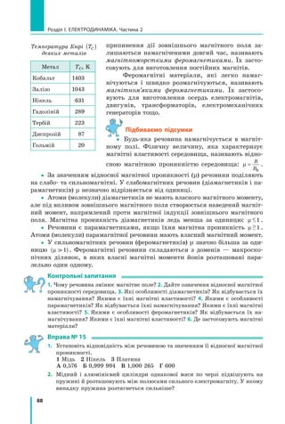 88
розділ I. електроДинаміка. Частина 2
припинення дії зовнішнього магнітного поля за-
лишаються намагніченими довгий час, називають
магнітножорсткими феромагнетиками. Їх засто-
совують для виготовлення постійних магнітів.
Феромагнітні матеріали, які легко намаг-
нічуються і швидко розмагнічуються, називають
магнітном’якими феромагнетиками. Їх застосо-
вують для виготовлення осердь електромагнітів,
двигунів, трансформаторів, електромеханічних
генераторів тощо.
Підбиваємо підсумки
yy Будь-яка речовина намагнічується в магніт-
ному полі. Фізичну величину, яка характеризує
магнітні властивості середовища, називають відно-
сною магнітною проникністю середовища: µ =
B
B0
.
yy За значенням відносної магнітної проникності (µ) речовини поділяють
на слабо- та сильномагнітні. У слабомагнітних речовин (діамагнетиків і па-
рамагнетиків) µ незначно відрізняється від одиниці.
yy Атоми (молекули) діамагнетиків не мають власного магнітного моменту,
але під впливом зовнішнього магнітного поля створюється наведений магніт-
ний момент, напрямлений проти магнітної індукції зовнішнього магнітного
поля. Магнітна проникність діамагнетиків ледь менша за одиницю: µ 1 .
yy Речовини є парамагнетиками, якщо їхня магнітна проникність µ 1 .
Атоми (молекули) парамагнітної речовини мають власний магнітний момент.
yy У сильномагнітних речовин (феромагнетиків) µ значно більша за оди-
ницю µ 1( ). Феромагнітні речовини складаються з доменів — макроско-
пічних ділянок, в яких власні магнітні моменти йонів розташовані пара-
лельно один одному.
контрольні запитання
1. Чому речовина змінює магнітне поле? 2. Дайте означення відносної магнітної
проникності середовища. 3. Які особливості діамагнетиків? Як відбувається їх
намагнічування? Якими є їхні магнітні властивості? 4. Якими є особливості
парамагнетиків? Як відбувається їхні намагнічування? Якими є їхні магнітні
властивості? 5. Якими є особливості феромагнетиків? Як відбувається їх на-
магнічування? Якими є їхні магнітні властивості? 6. Де застосовують магнітні
матеріали?
вправа № 15
1. Установіть відповідність між речовиною та значенням її відносної магнітної
проникності.
1 Мідь 2 Нікель 3 Платина
А 0,576 Б 0,999 994 В 1,000 265 Г 600
2. Мідний і алюмінієвий циліндри однакової маси по черзі підвішують на
пружині й розташовують між полюсами сильного електромагніту. У якому
випадку пружина розтягнеться сильніше?
Будь-яка речовина намагнічується в магніт-
Температура Кюрі TC( )
деяких металів
Метал TC, K
Кобальт 1403
Залізо 1043
Нікель 631
Гадоліній 289
Тербій 223
Диспрозій 87
Гольмій 20
 