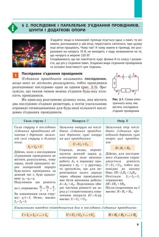 9
§ 2.Послідовне і паралельне з’єднання провідників.
Шунти і додаткові опори
Згадайте: якщо в ялинковій гірлянді псується одна з ламп, то всі
лампи, розташовані у цій вітці, перестають світитися, при цьому
інші вітки працюють. Чому так? А чому лампи в гірлянді, які роз-
раховані на напругу 10 В, не виходять з ладу незважаючи на те,
що напруга в мережі 220 В?
Сподіваємося, що ви пам’ятаєте курс фізики 8-го класу і розумі-
єте, що річ у з’єднанні ламп. Згадаємо види з’єднання провідників
та основні властивості цих з’єднань.
1
Послідовне з’єднання провідників
З’єднання провідників називають послідовним,
якщо воно не містить розгалужень, тобто провідники
розташовані послідовно один за одним (рис.  2.1). Зро-
зуміло, що таким чином можна з’єднати будь-яку кіль-
кість провідників.
Як приклад розглянемо ділянку кола, яка містить
два послідовно з’єднані резистори, а потім узагальнимо
отримані співвідношення для будь-якої кількості послі-
довно з’єднаних провідників.
Сила струму I Напруга U Опір R
Сила струму в послідовно
з’єднаних провідниках од­
накова і  дорівнює загаль­
ній силі струму в  ділянці
кола:
I I I1 2= =
Дійсно, коло з послі­дов­ним
з’єднанням провідників не
містить розгалужень, тому
заряд, який проходить че-
рез попереч­ний переріз
будь-якого провідника за
деякий час  t, буде однако-
вим: q1 = q2 = q.
Поділивши цю рівність
на t, отримаємо:
q
t
q
t
q
t
1 2
= = .
За означенням сили стру­-
му: q/t = I. Отже, маємо:
I1 = I2 = I.
Загальна напруга на послі­
довно з’єднаних провідни­
ках дорівнює сумі напруг
на цих провідниках:
U = U1 + U2
Справді, якщо, перемі­
щуючи деякий заряд q,
електричне поле виконує
роботу A1 в першому про-
віднику і A2 — у другому,
то зрозуміло, що для пе-
реміщення цього заряду
через обидва провідники
має бути виконана робота:
A = A1 + A2. Поділивши оби-
дві частини рівності на за-
ряд q і скориставшись озна-
ченням напруги (U = A/q),
маємо: U = U1 + U2.
Загальний опір послі­
довно з’єднаних про­
відників дорівнює сумі
опорів цих провідни­
ків:
R = R1 + R2
Дійсно, для послідов­
ного з’єднання справ-
джується рівність
U = U1 + U2, тобто від-
повідно до закону
Ома: IR = I1R1 + I2R2.
Оскільки I1 = I2 = I,
отримуємо:
IR = IR1 + IR2.
Після скорочення на I
маємо: R = R1 + R2.
Узагальнимо наведені співвідношення для n послідовно з’єднаних провідників:
I I I In= = = =1 2 ... U U U Un= + + +1 2 ... R R R Rn= + + +1 2 ...
1
2
I
I
I
I
Рис. 2.1. Схема елек-
тричного кола, яке
містить послідовно
з’єднані провідники
 
