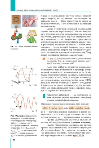 96
Розділ II. ЕЛЕКТРОМАГНІТНІ КОЛИВАННЯ І ХВИЛІ
Якщо в коливальній системі немає жодних
втрат енергії, то коливання триватимуть як
завгодно довго — їхня амплітуда із часом не
змінюватиметься. Такі коливання називають
незгасаючими.
Однак у будь­якій реальній коливальній
системі завжди є втрати енергії: під час механіч­
них коливань енергія витрачається на долання
сил тертя, деформацію; під час електромагніт­
них коливань — на нагрівання провідників,
випромінювання електромагнітних хвиль тощо.
У результаті амплітуда коливань із часом змен­
шується, і через певний інтервал часу, якщо
немає надходжень енергії від зовнішнього дже­
рела, коливання припиняються (згасають). Тому
вільні коливання завжди є згасаючими.
На рис. 17.1 подано різні приклади механічних
коливань. Які ці коливання: вільні, виму­
шені? згасаючі, незгасаючі?
Коли тіло здійснює механічні коливання,
змінюються його положення в просторі (коор­
дината), швидкість і прискорення руху. У ви­
падку електромагнітних коливань змінюються
сила струму в колі, заряд і напруга на обклад­
ках конденсатора, електрорушійна сила (ЕРС).
Загальні закони коливань є досить складними
й виходять за межі шкільного курсу фізики,
тому ми розглядатимемо лише окремий випа­
док — гармонічні коливання.
Гармонічні коливання — це коливання, за
яких значення змінної величини змінюється
з часом за гармонічним законом.
Рівняння гармонічних коливань має вигляд:
x t A t( )= +( )cos ω ϕ0 , або x t A t( )= +( )sin ω ϕ0 ,
де x — значення змінної величини в даний мо­
мент часу t; A — амплітуда коливань; ω — ци­
клічна частота; ϕ0 — початкова фаза коливань.
Графік залежності значення змінної ве­
личини від часу називають графіком коливань.
Графік гармонічних коливань має вигляд
кривої, яку в математиці називають синусоїдою
або косинусоїдою. За графіком коливань, як
і за рівнянням коливань, легко визначити осно­
вні характеристики коливань (рис. 17.2).
рис. 17.1. Різні види механічних
коливань
t0
x
T
T
xmax
–xmax
t1
t1
ϕ0 =–ωt1
t
0
i T
Imax
–Imax
ϕ0 =0
T
рис. 17.2. Графіки гармонічних
коливань: а — графік залеж-
ності координати тіла від часу:
x t x t( ) = +( )maxsin ω ϕ0 ;
б — графік залежності сили стру-
му від часу: i t I t( ) = maxsinω .
xmax , Imax — амплітуди коли-
вань; T — період коливань;
ϕ0 — початкова фаза коливань
а
б
 