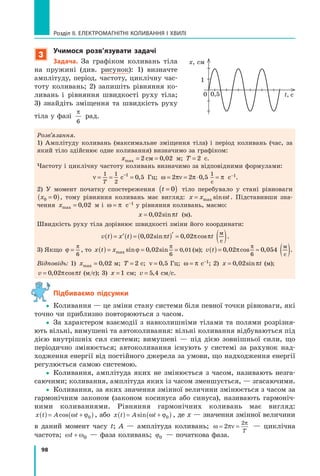 98
Розділ II. ЕЛЕКТРОМАГНІТНІ КОЛИВАННЯ І ХВИЛІ
3
учимося розв’язувати задачі
задача. За графіком коливань тіла
на пружині (див. рисунок): 1) визначте
амплітуду, період, частоту, циклічну час­
тоту коливань; 2) запишіть рівняння ко­
ливань і рівняння швидкості руху тіла;
3) знайдіть зміщення та швидкість руху
тіла у фазі
π
6
рад.
Розв’язання.
1) Амплітуду коливань (максимальне зміщення тіла) і період коливань (час, за
який тіло здійснює одне коливання) визначимо за графіком:
xmax ,= =2 0= =2 0= = 022 0см2 0= =2 0= =см= =см2 0= = м; T = 2 с.
Частоту і циклічну частоту коливань визначимо за відповідними формулами:
ν = = == =
1 1
2
1
0 5
T
с= =с= =
,0 5,0 5 Гц; ω πν π πω π= =ω π ⋅ =⋅ =2 2ω π2 2ω πν π2 2ν π= =2 2= =ω π= =ω π2 2ω π2 2= =ω πν π= =ν π2 2ν π2 2= =ν π 0 5⋅ =0 5⋅ =
1
,0 5,0 5
с
с–1.
2) У момент початку спостереження ( )t( )t =( )=( )0( ) тіло перебувало у стані рівноваги
( )x( )x0( )0 0( )0=( )= , тому рівняння коливань має вигляд: x x tx x=x xmax sinω . Підставивши зна­
чення xmax ,= 0 0,0 0, 2 м і ω πω π=ω π с–1 у рівняння коливань, маємо:
x tx t=x t0 0x t0 0x t2x t2x t, sx t, sx t0 0, s0 0x t0 0x t, sx t, s0 0x tx t2x t, sx t, s2x tinx tinx tπx tπx t (м).
Швидкість руху тіла дорівнює швидкості зміни його координати:
v t x t t t(v t(v t) = ′x t′x t(x t(x t) = ( )′
( )0 02 0t t2 0t t)2 0)t t)t t2 0t t2 0)t t02t t02t t, s0 0, s0 02 0, s2 02 0in2 0, ct t, ct tost tost tt tπ πt tπ πt tπ πt t)π π)2 0π π2 0t t2 0t tπ πt tπ π2 0t t)2 0)π π)π π2 0)t t)t t2 0t t2 0)t tπ πt tπ π)π π)t tπ π2 0t tπ π2 0)t tt t=t t2 0t t2 0=t tπ πt tπ π=π π=t tπ π2 0t tπ π2 0=t tt t02t tπ πt tπ π02t t, cπ π, ct t, ct tπ πt tπ π, ct t02, c02π π02π π, c02t t02t t, ct t, c02t tπ πt tπ π02π π02t tπ π, ct tπ π, c02t tπt tπt t
м
с
.
3) Якщо ϕ
π
=
6
, то x t x(x t(x t) = =x= =x =max si= =si= =n ,= =n ,= =n ,= =n ,= = sin ,ϕn ,ϕn ,= =n ,= =ϕ= =ϕn ,= =
π
0 0n ,0 0n , 2
6
0 0,0 0, 1 (м); v t(v t(v t) = ≈ ( )0 0= ≈0 0= ≈2 0= ≈2 0= ≈= ≈2 0= ≈ 054
6
, c= ≈, c= ≈0 0, c0 0= ≈0 0= ≈, c= ≈, c0 0= ≈2 0, c2 0= ≈2 0= ≈, c= ≈, c2 0= ≈2 0os2 0= ≈2 0= ≈os= ≈os2 0= ≈ ,2 0π2 0, cπ, c2 0, c2 0π2 0π, c2 0= ≈2 0= ≈, c= ≈, c2 0= ≈π= ≈π2 0π2 0= ≈π, c= ≈π, c2 0= ≈
π
2 0
π
2 0
м
с
.
Відповідь: 1) xmax ,= 0 0,0 0, 2 м; T = 2 с; ν = 0 5,0 5,0 5 Гц; ω πω π=ω π с–1; 2) x tx t=x t0 0x t0 0x t2x t2x t, sx t, sx t0 0, s0 0x t0 0x t, sx t, s0 0x tx t2x t, sx t, s2x tinx tinx tπx tπx t (м);
v tv t=v t0 0v t0 0v t2v t2v t, cv t, cv t0 0, c0 0v t0 0v t, cv t, c0 0v tv t2v t, cv t, c2v tπ πv tπ πv t, cπ π, cv t, cv tπ πv tπ π, cv tosπ πosv tosv tπ πv tπ πosv t (м/с); 3) x = 1 см; v = 5 4,5 4,5 4 см/с.
підбиваємо підсумки
yy Коливання — це зміни стану системи біля певної точки рівноваги, які
точно чи приблизно повторюються з часом.
yy За характером взаємодії з навколишніми тілами та полями розрізня­
ють вільні, вимушені та автоколивання: вільні коливання відбуваються під
дією внутрішніх сил системи; вимушені — під дією зовнішньої сили, що
періодично змінюється; автоколивання існують у системі за рахунок над­
ходження енергії від постійного джерела за умови, що надходження енергії
регулюється самою системою.
yy Коливання, амплітуда яких не змінюється з часом, називають незга­
саючими; коливання, амплітуда яких із часом зменшується, — згасаючими.
yy Коливання, за яких значення змінної величини змінюється з часом за
гармонічним законом (законом косинуса або синуса), називають гармоніч­
ними коливаннями. Рівняння гармонічних коливань має вигляд:
x t A t( ) = +( )cos ω ϕ0 , або x t A t( ) = +( )sin ω ϕ0 , де x — значення змінної величини
в даний момент часу t; A — амплітуда коливань; ω πν
π
= =2
2
T
— циклічна
частота; ω ωt + 0 — фаза коливань; ϕ0 — початкова фаза.
t, с
x, см
1
0,50
 