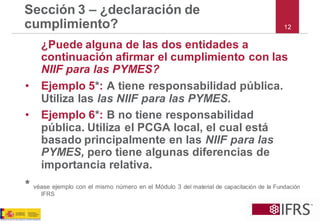 Sección 3 –¿declaración de cumplimiento? 
¿Puede alguna de las dos entidades a continuación afirmar el cumplimiento con las NIIF para las PYMES? 
•Ejemplo 5*:A tiene responsabilidad pública. Utiliza las las NIIF para las PYMES. 
•Ejemplo 6*:B no tiene responsabilidad pública. Utiliza el PCGA local, el cual está basado principalmente en las NIIF para las PYMES,pero tiene algunas diferencias de importancia relativa. 
*véaseejemploconelmismonúmeroenelMódulo3delmaterialdecapacitacióndelaFundaciónIFRS 
12  