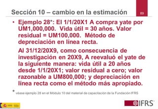 89 
Sección 10 –cambio en la estimación 
•Ejemplo 28*: El 1/1/20X1 A compra yate por UM1,000,000. Vida útil = 30 años. Valor residual = UM100,000. Método de depreciación en línea recta. 
Al 31/12/20X9, como consecuencia de investigación en 20X9, A reevaluó el yate de la siguiente manera: vida útil a 20 años desde 1/1/20X1; valor residual a cero; valor razonable a UM800,000; y depreciación en línea recta como el método más apropiado. 
*véase ejemplo 28 en el Módulo 10 del material de capacitación de la Fundación IFRS  