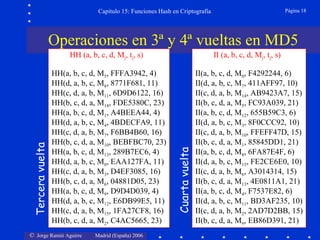 © Jorge Ramió Aguirre Madrid (España) 2006
Capítulo 15: Funciones Hash en Criptografía Página 18
HH (a, b, c, d, Mj, tj, s)
HH(a, b, c, d, M5, FFFA3942, 4)
HH(d, a, b, c, M8, 8771F681, 11)
HH(c, d, a, b, M11, 6D9D6122, 16)
HH(b, c, d, a, M14, FDE5380C, 23)
HH(a, b, c, d, M1, A4BEEA44, 4)
HH(d, a, b, c, M4, 4BDECFA9, 11)
HH(c, d, a, b, M7, F6BB4B60, 16)
HH(b, c, d, a, M10, BEBFBC70, 23)
HH(a, b, c, d, M13, 289B7EC6, 4)
HH(d, a, b, c, M0, EAA127FA, 11)
HH(c, d, a, b, M3, D4EF3085, 16)
HH(b, c, d, a, M6, 04881D05, 23)
HH(a, b, c, d, M9, D9D4D039, 4)
HH(d, a, b, c, M12, E6DB99E5, 11)
HH(c, d, a, b, M15, 1FA27CF8, 16)
HH(b, c, d, a, M2, C4AC5665, 23)
Terceravuelta
II (a, b, c, d, Mj, tj, s)
II(a, b, c, d, M0, F4292244, 6)
II(d, a, b, c, M7, 411AFF97, 10)
II(c, d, a, b, M14, AB9423A7, 15)
II(b, c, d, a, M5, FC93A039, 21)
II(a, b, c, d, M12, 655B59C3, 6)
II(d, a, b, c, M3, 8F0CCC92, 10)
II(c, d, a, b, M10, FFEFF47D, 15)
II(b, c, d, a, M1, 85845DD1, 21)
II(a, b, c, d, M8, 6FA87E4F, 6)
II(d, a, b, c, M15, FE2CE6E0, 10)
II(c, d, a, b, M6, A3014314, 15)
II(b, c, d, a, M13, 4E0811A1, 21)
II(a, b, c, d, M4, F7537E82, 6)
II(d, a, b, c, M11, BD3AF235, 10)
II(c, d, a, b, M2, 2AD7D2BB, 15)
II(b, c, d, a, M9, EB86D391, 21)
Cuartavuelta
Operaciones en 3ª y 4ª vueltas en MD5
 