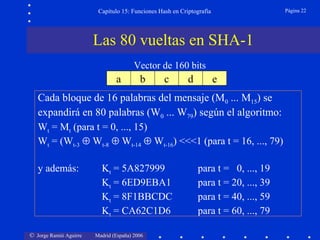 © Jorge Ramió Aguirre Madrid (España) 2006
Capítulo 15: Funciones Hash en Criptografía Página 22
Cada bloque de 16 palabras del mensaje (M0 ... M15) se
expandirá en 80 palabras (W0 ... W79) según el algoritmo:
Wt = Mt (para t = 0, ..., 15)
Wt = (Wt-3 ⊕ Wt-8 ⊕ Wt-14 ⊕ Wt-16) <<<1 (para t = 16, ..., 79)
y además: Kt = 5A827999 para t = 0, ..., 19
Kt = 6ED9EBA1 para t = 20, ..., 39
Kt = 8F1BBCDC para t = 40, ..., 59
Kt = CA62C1D6 para t = 60, ..., 79
Vector de 160 bits
a b c d e
Las 80 vueltas en SHA-1
 