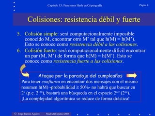 © Jorge Ramió Aguirre Madrid (España) 2006
Capítulo 15: Funciones Hash en Criptografía Página 6
Colisiones: resistencia débil y fuerte
5. Colisión simple: será computacionalmente imposible
conocido M, encontrar otro M’ tal que h(M) = h(M’).
Esto se conoce como resistencia débil a las colisiones.
6. Colisión fuerte: será computacionalmente difícil encontrar
un par (M, M’) de forma que h(M) = h(M’). Esto se
conoce como resistencia fuerte a las colisiones.
Ataque por la paradoja del cumpleaños
Para tener confianza en encontrar dos mensajes con el mismo
resumen h(M) -probabilidad ≥ 50%- no habrá que buscar en
2n
(p.e. 2128
), bastará una búsqueda en el espacio 2n/2
(264
).
¡La complejidad algorítmica se reduce de forma drástica!
 