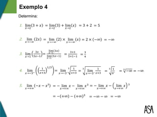 Exemplo 4
Determina:
1. lim
𝑥→2
3 + 𝑥
2. lim
𝑥→−∞
2𝑥
3. lim
𝑥→1
3𝑥
5𝑥−1
4. lim
𝑥→−3−
1
𝑥+3
1/3
5. lim
𝑥→+∞
−𝑥 − 𝑥³
= lim
𝑥→2
3 + lim
𝑥→2
𝑥 = 3 + 2 = 5
= lim
𝑥→−∞
2 × lim
𝑥→−∞
𝑥 = 2 × −∞ = −∞
=
lim
𝑥→1
3𝑥
lim
𝑥→1
5𝑥−1
=
3×1
5×1−1
=
3
4
=
3
lim
𝑥→−3⁻
1
𝑥+3
=
3 1
0⁻
= 3
−∞ = −∞= lim
𝑥→−3⁻
3 1
𝑥+3
= − lim
𝑥→+∞
𝑥 − lim
𝑥→+∞
𝑥3
= − +∞ − +∞ 3
= − lim
𝑥→+∞
𝑥 − lim
𝑥→+∞
𝑥 ³
= −∞ − ∞ = −∞
 