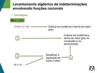 +∞ + −∞ Colocar em evidência o termo de maior
grau.
0
0
0 × ∞
Simplificar a
expressão de
modo a obter:
∞
∞
Colocar em evidência o
termo de maior grau no
numerador e no
denominador.
∞
∞
Se 𝒙 → ±∞
Levantamento algébrico de indeterminações
envolvendo funções racionais
 Estratégias:
 