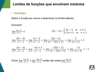  Estratégia
Definir a função por ramos e determinar os limites laterais.
Limites de funções que envolvem módulos
lim
𝑥→1
2𝑥−2
𝑥²−1
=?
Exemplo:
2𝑥 − 2 =
2𝑥 − 2 se 𝑥 ≥ 1
−2𝑥 + 2 se 𝑥 < 1
lim
𝑥→1⁺
2𝑥 − 2
𝑥² − 1
= lim
𝑥→1⁺
2𝑥 − 2
𝑥² − 1
= lim
𝑥→1⁺
2(𝑥 − 1)
𝑥 − 1 𝑥 + 1
= lim
𝑥→1⁺
2
𝑥 + 1
= 1
lim
𝑥→1⁻
2𝑥 − 2
𝑥² − 1
= lim
𝑥→1⁻
−2𝑥 + 2
𝑥² − 1
= lim
𝑥→1⁻
−2(𝑥 − 1)
𝑥 − 1 𝑥 + 1
= lim
𝑥→1⁻
−2
𝑥 + 1
= −1
Como lim
𝑥→1⁺
2𝑥−2
𝑥²−1
≠ lim
𝑥→1⁻
2𝑥−2
𝑥²−1
, então não existe lim
𝑥→1
2𝑥−2
𝑥²−1
.
 