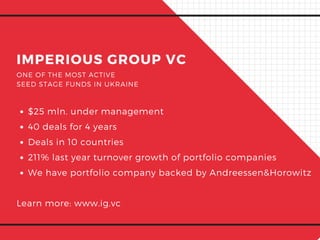 $25 mln. under management
40 deals for 4 years
Deals in 10 countries
211% last year turnover growth of portfolio companies
We have portfolio company backed by Andreessen&Horowitz
Learn more: www.ig.vc
ONE OF THE MOST ACTIVE
SEED STAGE FUNDS IN UKRAINE 
IMPERIOUS GROUP VC
 