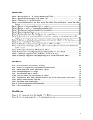 List of Tables 
Table 1: Repeat visitors to The Gambia peak season 2000/1..........................................................16 
Table 2: Length of stay during the peak season 2000/1 ..................................................................16 
Table 3: Motivations to visit The Gambia......................................................................................17 
Table 4: Activities that visitors had done, would like to have done, and how they would like to have 
booked ...................................................................................................................................17 
Table 5: Ratings of enjoyment of activities by visitors...................................................................18 
Table 6: Ratings of quality of goods and services by visitors .........................................................18 
Table 7: Breakdown of daily estimated visitor expenditure............................................................19 
Table 8: Cash being taken home ....................................................................................................19 
Table 9: Number of visits to The Gambia and No. of activities ......................................................20 
Table 10: Informal sector perceptions of the barriers they encounter in attempting to access the 
market. ...................................................................................................................................21 
Table 11: Barriers to informal sector participation in the tourism industry in The Gambia .............22 
Table 12 The Formal Sector Perspective........................................................................................23 
Table 13: Attitudes to ‘bumsters’ amongst tourists in 2000/1 and 2002..........................................24 
Table 14: Summary of strategies agreed to reduce barriers and increase incomes for the informal 
sector sections ........................................................................................................................26 
Table 15: Juice presser earnings at Kotu Beach 2001/2..................................................................29 
Table 16: Increase in licensed guide earnings at Senegambia and Kotu Beach ...............................30 
Table 17: Earnings comparison for Kotu Beach Craft Market 2001/2 ............................................32 
Table 18: Earnings comparison for Senegambia (Kololi Beach) craft market 2001/2 .....................32 
List of Boxes 
Box 1: Lessons learned and consensus building.............................................................................15 
Box 2: Formal sector good practises identified in The Gambia ......................................................24 
Box 3: Palma Rima local guides draft code of conduct ..................................................................25 
Box 4: The agreed agenda for change ............................................................................................26 
Box 5: Juice pressers code of conduct............................................................................................29 
Box 6: Code of conduct for Senegambia craft market ....................................................................31 
Box 7: Impact of the Body Shop craft merchandising and product development intervention ........33 
Box 8: Identifying a consensus for action ......................................................................................35 
Box 9: Encourage local consumption.............................................................................................37 
Box 10: Practical examples from The Gambia...............................................................................37 
Box 11: Recommendations............................................................................................................38 
List of Figures 
Figure 1: UK visitor arrivals to The Gambia 1995–2000..................................................................9 
Figure 2: UK arrivals as proportion of all international arrivals .......................................................9 
4 
 