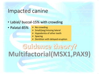 Impacted canine
• Labial/ buccal-15% with crowding
• Palatal-85%  No crowding
 Small/peg/missing lateral
 Hypodontia of other teeth
 Spacing
 Dentition with delayed eruption
 