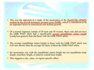• This was the approach in a study of the association of the Pro561Thr (P56IT)
variant in the growth hormone receptor gene (GHR), which is considered to be
an important factor in craniofacial and skeletal growth.
• Of a normal Japanese sample of 50 men and 50 women, those who did not have
the GHR P56IT allele had a significantly greater mandibular ramus length
(condylion-gonion) than did those with the GHR P56IT allele.
• The average mandibular ramus height in those with the GHR P56IT allele was
4.65 mm shorter than the average for those without the GHR P56IT allele.
• the association was with the mandibular ramus height but not mandibular body
length, maxillary length, or anterior cranial base length.
• This suggests a site-, area-, or region-specific effect.
 