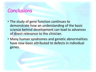 Conclusions
• The study of gene function continues to
demonstrate how an understanding of the basic
science behind development can lead to advances
of direct relevance to the clinician.
• Many human syndromes and genetic abnormalities
have now been attributed to defects in individual
genes.
 