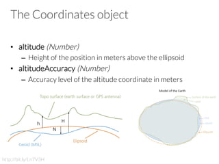 The Coordinates object
•  altitude (Number)
–  Height of the position in meters above the ellipsoid
•  altitudeAccuracy (Number)
–  Accuracy level of the altitude coordinate in meters

http://bit.ly/Ln7V3H
 