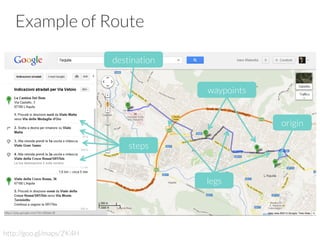 Example of Route
http://goo.gl/maps/ZK4H
origin
destination
waypoints
steps
legs
 