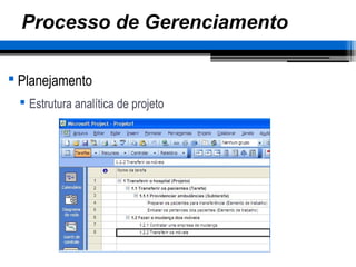 Processo de Gerenciamento
 Planejamento
 Estrutura analítica de projeto
 