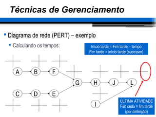 Técnicas de Gerenciamento
 Diagrama de rede (PERT) – exemplo
 Calculando os tempos:
A B
C D
G
F
E
H J L
I
Início tarde = Fim tarde – tempo
Fim tarde = início tarde (sucessor)
ÚLTIMA ATIVIDADE
Fim cedo = fim tarde
(por definição)
 