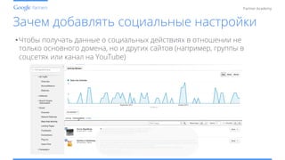 Conﬁdential and Proprietary
Partner Academy
Зачем добавлять социальные настройки
• Чтобы получать данные о социальных действиях в отношении не
только основного домена, но и других сайтов (например, группы в
соцсетях или канал на YouTube)
 