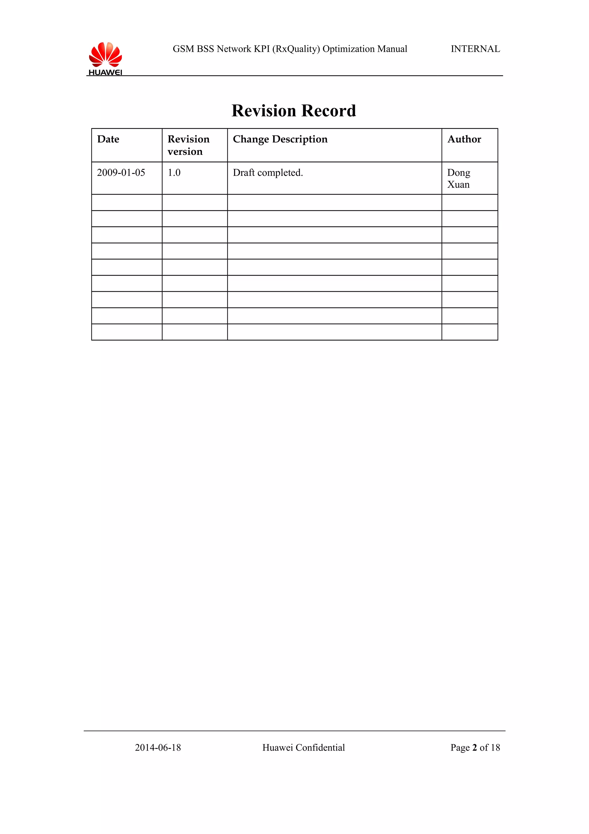 GSM BSS Network KPI (RxQuality) Optimization Manual INTERNAL
Revision Record
Date Revision
version
Change Description Author
2009-01-05 1.0 Draft completed. Dong
Xuan
2014-06-18 Huawei Confidential Page 2 of 18
 