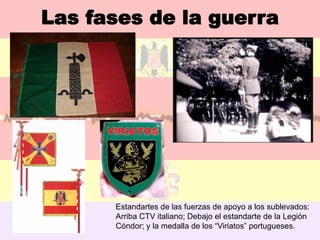 Las fases de la guerra




      Estandartes de las fuerzas de apoyo a los sublevados:
      Arriba CTV italiano; Debajo el estandarte de la Legión
      Cóndor; y la medalla de los “Viriatos” portugueses.
 