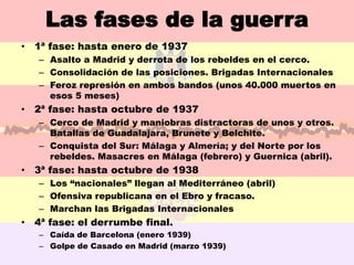 Las fases de la guerra
•   1ª fase: hasta enero de 1937
    – Asalto a Madrid y derrota de los rebeldes en el cerco.
    – Consolidación de las posiciones. Brigadas Internacionales
    – Feroz represión en ambos bandos (unos 40.000 muertos en
      esos 5 meses)
•   2ª fase: hasta octubre de 1937
    – Cerco de Madrid y maniobras distractoras de unos y otros.
      Batallas de Guadalajara, Brunete y Belchite.
    – Conquista del Sur: Málaga y Almería; y del Norte por los
      rebeldes. Masacres en Málaga (febrero) y Guernica (abril).
•   3ª fase: hasta octubre de 1938
    – Los “nacionales” llegan al Mediterráneo (abril)
    – Ofensiva republicana en el Ebro y fracaso.
    – Marchan las Brigadas Internacionales
•   4ª fase: el derrumbe final.
    – Caída de Barcelona (enero 1939)
    – Golpe de Casado en Madrid (marzo 1939)
 