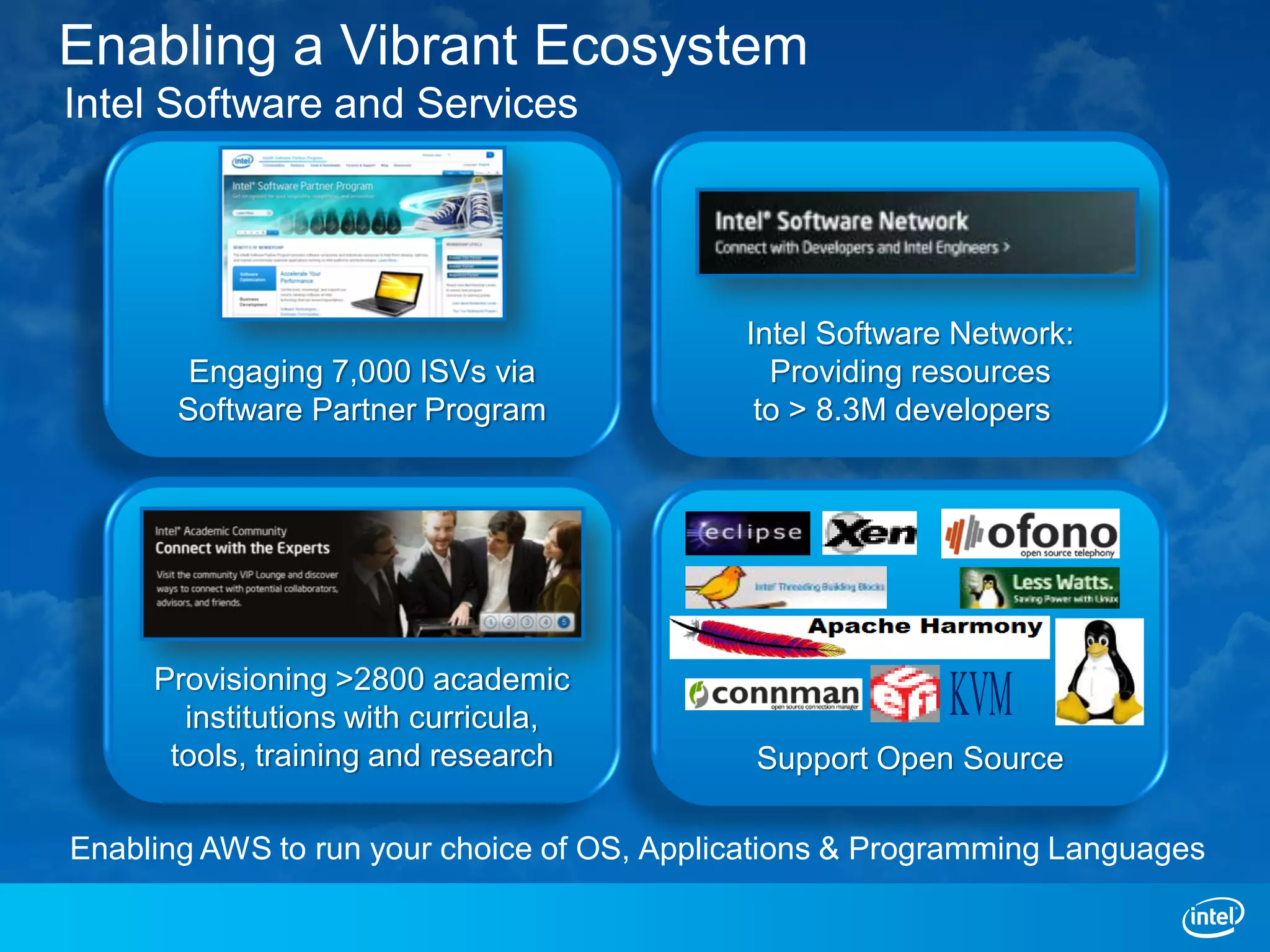 Enabling a Vibrant Ecosystem
Intel Software and Services




                                            Intel Software Network:
        Engaging 7,000 ISVs via               Providing resources
       Software Partner Program              to > 8.3M developers




     Provisioning >2800 academic
       institutions with curricula,
      tools, training and research           Support Open Source

Enabling AWS to run your choice of OS, Applications & Programming Languages
 