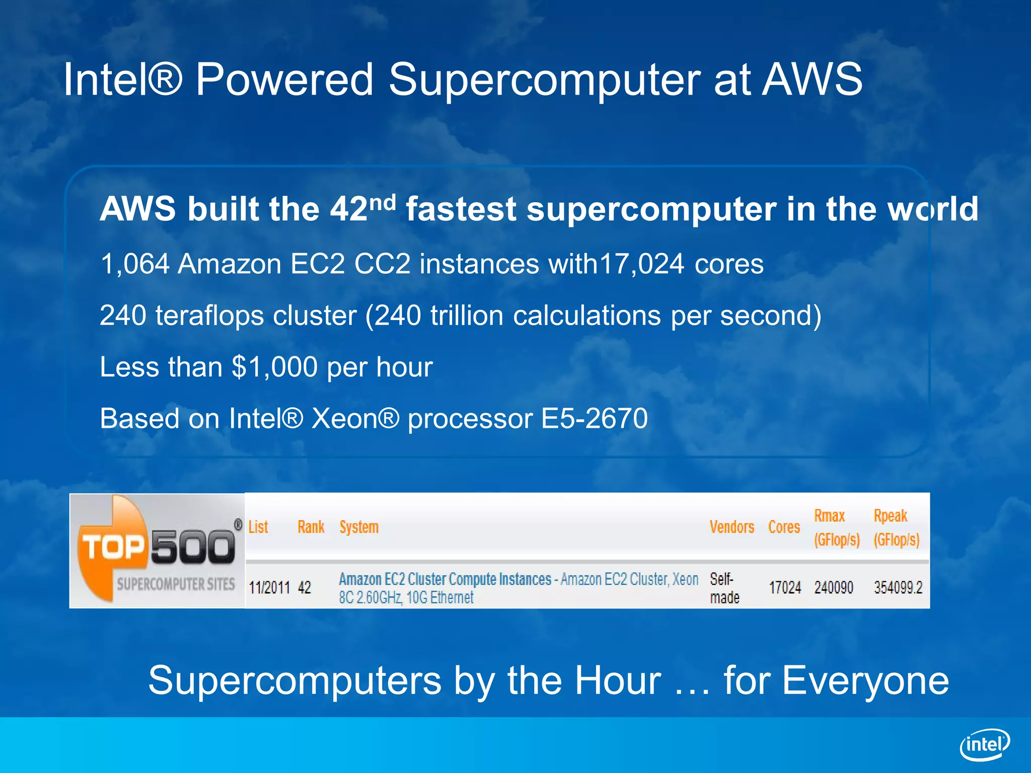 Intel® Powered Supercomputer at AWS

 AWS built the 42nd fastest supercomputer in the world
 1,064 Amazon EC2 CC2 instances with17,024 cores
 240 teraflops cluster (240 trillion calculations per second)
 Less than $1,000 per hour
 Based on Intel® Xeon® processor E5-2670




    Supercomputers by the Hour … for Everyone
 