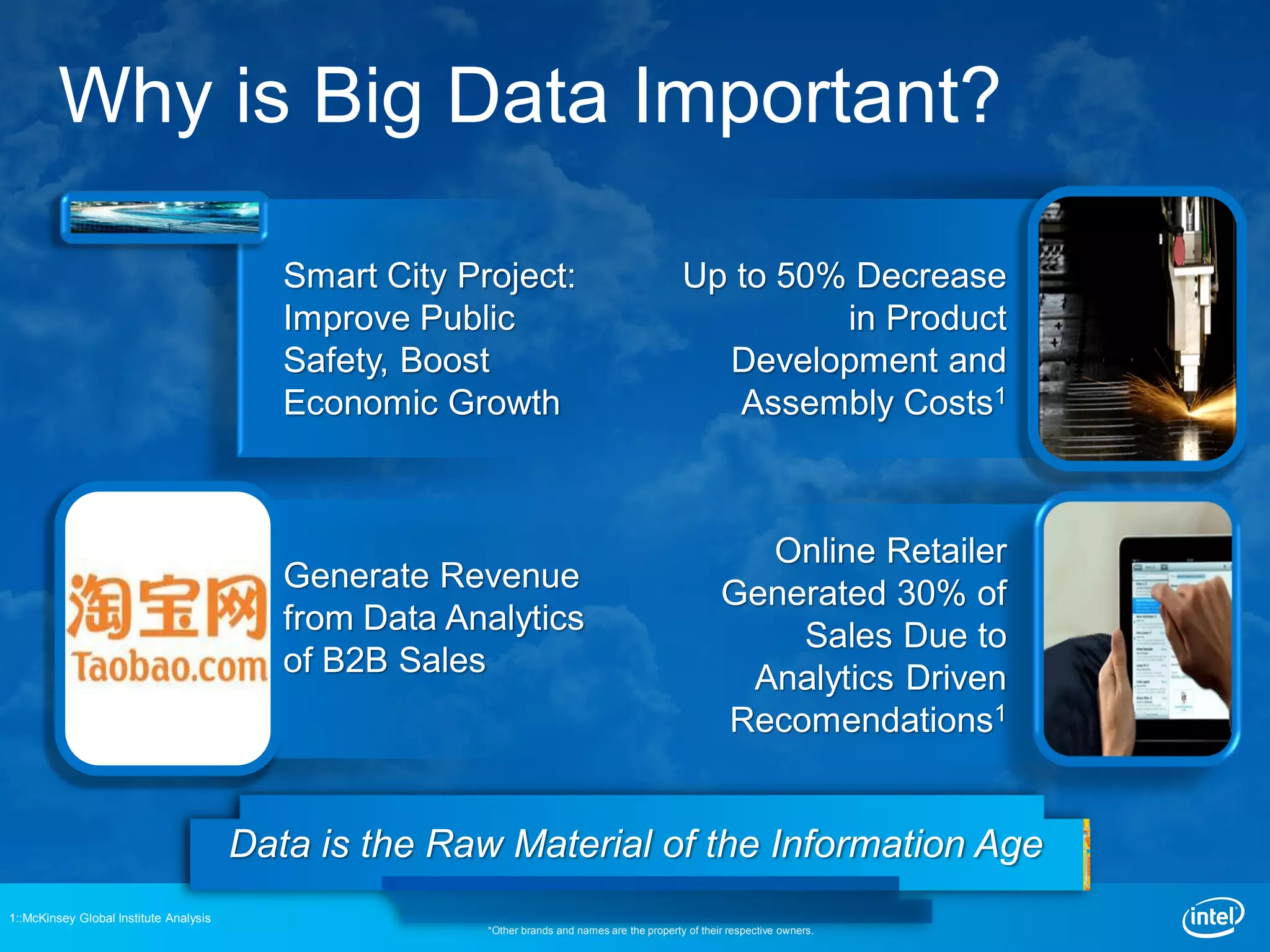 Why is Big Data Important?

                                           Smart City Project:                                  Up to 50% Decrease
                                           Improve Public                                                in Product
                                           Safety, Boost                                          Development and
                                           Economic Growth                                         Assembly Costs1



                                                                                                          Online Retailer
                                           Generate Revenue                                             Generated 30% of
                                           from Data Analytics                                              Sales Due to
                                           of B2B Sales                                                  Analytics Driven
                                                                                                        Recomendations1


                                        Data is the Raw Material of the Information Age
1::McKinsey Global Institute Analysis
                                                        *Other brands and names are the property of their respective owners.
 