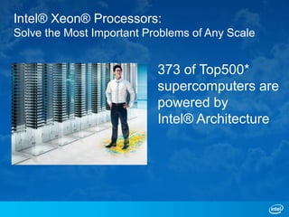 Intel® Xeon® Processors:
Solve the Most Important Problems of Any Scale


                           373 of Top500*
                           supercomputers are
                           powered by
                           Intel® Architecture
 