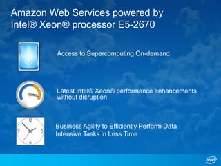 Amazon Web Services powered by
Intel® Xeon® processor E5-2670

         Access to Supercomputing On-demand




         Latest Intel® Xeon® performance enhancements
         without disruption



        Business Agility to Efficiently Perform Data
        Intensive Tasks in Less Time
 