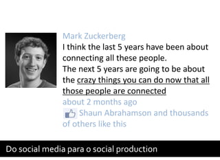 Mark Zuckerberg
              I think the last 5 years have been about
              connecting all these people.
              The next 5 years are going to be about
              the crazy things you can do now that all
              those people are connected
              about 2 months ago
                   Shaun Abrahamson and thousands
              of others like this

Do social media para o social production
 