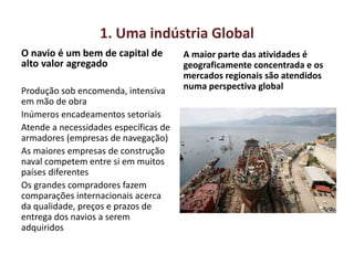 1. Uma indústria Global
O navio é um bem de capital de
alto valor agregado
Produção sob encomenda, intensiva
em mão de obra
Inúmeros encadeamentos setoriais
Atende a necessidades específicas de
armadores (empresas de navegação)
As maiores empresas de construção
naval competem entre si em muitos
países diferentes
Os grandes compradores fazem
comparações internacionais acerca
da qualidade, preços e prazos de
entrega dos navios a serem
adquiridos
A maior parte das atividades é
geograficamente concentrada e os
mercados regionais são atendidos
numa perspectiva global
 