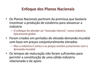 Enfoque dos Planos Nacionais
• Os Planos Nacionais partiram da premissa que bastaria
incentivar a produção de estaleiros para alavancar a
indústria
– O enfoque foi atender ao “mercado interno”, numa indústria
tipicamente global
• Foram criados em períodos de elevada demanda mundial
com base em preços conjunturalmente elevados
– Mas a indústria é cíclica e os preços oscilam juntamente com a
demanda mundial
• Os tempos de maturação não foram suficientes para
permitir a constituição de uma sólida indústria
relacionada e de apoio
 