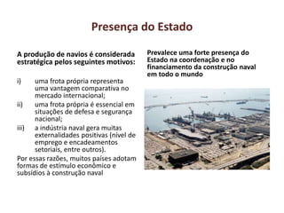 Presença do Estado
A produção de navios é considerada
estratégica pelos seguintes motivos:
i) uma frota própria representa
uma vantagem comparativa no
mercado internacional;
ii) uma frota própria é essencial em
situações de defesa e segurança
nacional;
iii) a indústria naval gera muitas
externalidades positivas (nível de
emprego e encadeamentos
setoriais, entre outros).
Por essas razões, muitos países adotam
formas de estímulo econômico e
subsídios à construção naval
Prevalece uma forte presença do
Estado na coordenação e no
financiamento da construção naval
em todo o mundo
 