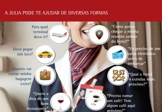 A JULIA PODE TE AJUDAR DE DIVERSAS FORMAS
Para qual
terminal
devo ir?
“Como posso
chegar a minha
reunião saindo
do hotel?”
“Eu preciso de um
caixa eletrônico
antes de
embarcar”
“Qual o hotel
4 estrelas mais
próximo?”
“Preciso tomar
um café! Tem
algum café aqui
Devo pegar
um taxi?
Quanto vai
custar minha
bagagem
extra?
“Quero a
dica de um
bom
restaurante”
 