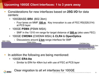 © 2014 JDS Uniphase Corporation | JDSU CONFIDENTIAL AND PROPRIETARY INFORMATION 10
Upcoming 100GE Client Interfaces: 1 to 3 years away
 Considerations for new interfaces based on 25G I/O for data
centers:
• 100GBASE-SR4 (802.3bm)
- Four lanes on MMF 100 m. Key innovation is use of FEC RS(528,514)
at PCS layer
• 100GE PSM4 (PSM4 MSA)
- SMF in the 1310 nm range for target distance of 500 m (also uses FEC)
• 100GE CWDM4 (CWDM4 MSA) & CLR4 & OpenOptics
- Discussions around 2 km range interface for SMF
 In addition the following are being mentioned:
• 100GE ER4-lite
- Similar to ER4 for 40km but with use of FEC at PCS layer
Clear migration to all x4 interfaces for 100GE
SR4 125m
PSM4 500m
CWDM4 2km
CLR4 2km
OpenOptics MSA 2km+
 