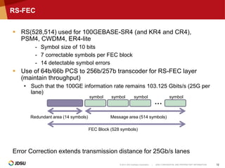 © 2014 JDS Uniphase Corporation | JDSU CONFIDENTIAL AND PROPRIETARY INFORMATION 12
RS-FEC
 RS(528,514) used for 100GEBASE-SR4 (and KR4 and CR4),
PSM4, CWDM4, ER4-lite
- Symbol size of 10 bits
- 7 correctable symbols per FEC block
- 14 detectable symbol errors
 Use of 64b/66b PCS to 256b/257b transcoder for RS-FEC layer
(maintain throughput)
• Such that the 100GE information rate remains 103.125 Gbits/s (25G per
lane)
Error Correction extends transmission distance for 25Gb/s lanes
…
Redundant area (14 symbols) Message area (514 symbols)
FEC Block (528 symbols)
symbol symbol symbol symbol
 