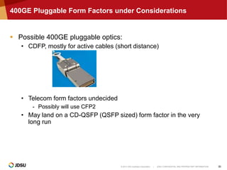 © 2014 JDS Uniphase Corporation | JDSU CONFIDENTIAL AND PROPRIETARY INFORMATION 30
400GE Pluggable Form Factors under Considerations
 Possible 400GE pluggable optics:
• CDFP, mostly for active cables (short distance)
• Telecom form factors undecided
- Possibly will use CFP2
• May land on a CD-QSFP (QSFP sized) form factor in the very
long run
 