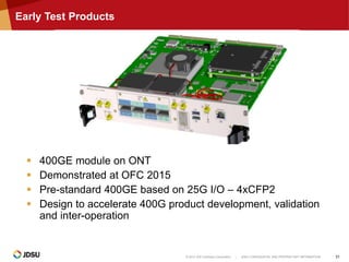 © 2014 JDS Uniphase Corporation | JDSU CONFIDENTIAL AND PROPRIETARY INFORMATION 31
Early Test Products
 400GE module on ONT
 Demonstrated at OFC 2015
 Pre-standard 400GE based on 25G I/O – 4xCFP2
 Design to accelerate 400G product development, validation
and inter-operation
 