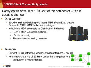 © 2014 JDS Uniphase Corporation | JDSU CONFIDENTIAL AND PROPRIETARY INFORMATION 9
100GE Client Connectivity Needs
 Data Center
• Backbone (inter-building) connects MDF (Main Distribution
Frame) to MDF. SMF between buildings
• In-building MDF connects to Distribution Switches
- 100m is often too short a distance
- 10km is too costly
- Ribbon cables becoming common
 Telecom
• Current 10 km interface reaches most customers – not all
• Key metro distance of 20 km+ becoming a requirement
- Need 20km to 40km interface
Costly optics have kept 100G out of the datacenter – this is
about to change
 