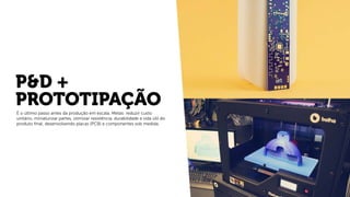 P&D +
PROTOTIPAÇÃO
É o último passo antes da produção em escala. Metas: reduzir custo
unitário, miniaturizar partes, otimizar resistência, durabilidade e vida útil do
produto ﬁnal; desenvolvendo placas (PCB) e componentes sob medida.
 