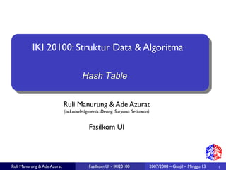 Ruli Manurung & Ade Azurat
(acknowledgments: Denny, Suryana Setiawan)‫‏‬
1
Fasilkom UI
Ruli Manurung & Ade Azurat Fasilkom UI - IKI20100
IKI 20100: Struktur Data & Algoritma
2007/2008 – Ganjil – Minggu 13
Hash Table
 