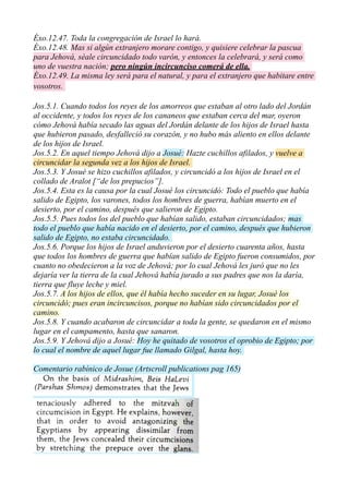 Éxo.12.47. Toda la congregación de Israel lo hará.
Éxo.12.48. Mas si algún extranjero morare contigo, y quisiere celebrar la pascua
para Jehová, séale circuncidado todo varón, y entonces la celebrará, y será como
uno de vuestra nación; pero ningún incircunciso comerá de ella.
Éxo.12.49. La misma ley será para el natural, y para el extranjero que habitare entre
vosotros.
Jos.5.1. Cuando todos los reyes de los amorreos que estaban al otro lado del Jordán
al occidente, y todos los reyes de los cananeos que estaban cerca del mar, oyeron
cómo Jehová había secado las aguas del Jordán delante de los hijos de Israel hasta
que hubieron pasado, desfalleció su corazón, y no hubo más aliento en ellos delante
de los hijos de Israel.
Jos.5.2. En aquel tiempo Jehová dijo a Josué: Hazte cuchillos afilados, y vuelve a
circuncidar la segunda vez a los hijos de Israel.
Jos.5.3. Y Josué se hizo cuchillos afilados, y circuncidó a los hijos de Israel en el
collado de Aralot [“de los prepucios”].
Jos.5.4. Esta es la causa por la cual Josué los circuncidó: Todo el pueblo que había
salido de Egipto, los varones, todos los hombres de guerra, habían muerto en el
desierto, por el camino, después que salieron de Egipto.
Jos.5.5. Pues todos los del pueblo que habían salido, estaban circuncidados; mas
todo el pueblo que había nacido en el desierto, por el camino, después que hubieron
salido de Egipto, no estaba circuncidado.
Jos.5.6. Porque los hijos de Israel anduvieron por el desierto cuarenta años, hasta
que todos los hombres de guerra que habían salido de Egipto fueron consumidos, por
cuanto no obedecieron a la voz de Jehová; por lo cual Jehová les juró que no les
dejaría ver la tierra de la cual Jehová había jurado a sus padres que nos la daría,
tierra que fluye leche y miel.
Jos.5.7. A los hijos de ellos, que él había hecho suceder en su lugar, Josué los
circuncidó; pues eran incircuncisos, porque no habían sido circuncidados por el
camino.
Jos.5.8. Y cuando acabaron de circuncidar a toda la gente, se quedaron en el mismo
lugar en el campamento, hasta que sanaron.
Jos.5.9. Y Jehová dijo a Josué: Hoy he quitado de vosotros el oprobio de Egipto; por
lo cual el nombre de aquel lugar fue llamado Gilgal, hasta hoy.
Comentario rabínico de Josue (Artscroll publications pag 165)
9 And HASHEM said to Joshua, 'Today I hav
removed the reproach of Egypt from you.' He calle
contains eight references to circumci-
sion as an allusion to the Biblical
command of circumcision, which takes
place on the eighth day after the child's
birth.
DFirin in^'l — They remained in their
place.
They remained in their places and did
not besiege Jericho (Rashi).
anrn iy — Until they recuperated.
They remained in their places until
they recovered from the ordeal of
circumcision (Rashi). The recuperaron
lasted three days (Meam Loez).
Maharsha (Yevamos 7Ib) infers from
this phrase that this was the first time in
forty years that they were able to
recupérate from the wound of circumci-
sion. He suggests that this inference
supports the opinión [cited in
Cornmentary to 5:2, s.v. 'And return ...
a second time'] that the Israelites did not
perform circumcision ¡n the Wilderness
because of the absence of the salubrious
northerly wind.
9. nnyn n?io- Reproach of Egypt.
Reproach of Egypt refers to the
foreskin. I: acquired this ñame because
of historical reasons. Before the Exodus,
the Egyptians would taunt the Jews by
saying, They are uncircumcised, just as
we are.' Henee, the foreskin became a
source of shame (Metzudos).
On the basis of Midrashim, Beis HaLevi
(Parshas Shmos) demónstrales that the Jews
[165] Yehoshua
tenaciously adhered to the mitzvah o
circumcision in Egypt. He explains, howeve
that in order to avoid antagonizing th
Egyptians by appearing dissimilar fro
them, the Jews concealed their circumcisio
by stretching the prepuce over the glan
[This led the Egyptians to say 'You a
uncircumcised just as we are,' as Metzudo
comments.]
Through astrology, Pharaoh had
visión that the Jews would encounte
blood ¡n the Wilderness. This blood wa
considered an evil ornen, a symbol o
death; thus, íhe Egyptians taunted th
Jews that God was taking them out i
order to spill their blood in th
Wilderness. In fact, when Israel sinne
in the Wilderness with the Golden Cal
God did consider, so to speak, killin
the entire nation. Upon Moses' en
treaty, however, He relented an
decreed that the Jews' blood would b
'shed' through circumcision rather tha
through Divine punishment. When th
Jews were circumcised at Gilgal, the
realized that Pharaoh's visión of bloo
was being fulfilled with the blood o
circumcision. Then the taunt (o
reproach) of the Egyptians was finall
removed from them. (See Rashi, Exodu
10:10.)
HaRav Gifter suggests that reproac
of Egypt refers to the Jews' statement i
the Wilderness (after hearing the spies
slanderous report about Eretz Yisrael
It would be better for us to return t
Egypt (Numbers 14:3). As a result o
whom HASHEM had sworn that He
w them the Lana which HASHEM had
orefathers to give us, a land flowing
oney. 7 But their children He raised in
hose Joshua circumcised since they
ised because they did not drcumcise
ay. 8 It was when all the nation had
circumcised, they remained in their
mp until they recuperated.
M said to Joshua, 'Today I have
proach of Egypt from you.' He callea
cumci-
Biblical
takes
child's
n their
nd did
tenaciously adhered to the mitzvah of
circumcision in Egypt. He explains, however,
that in order to avoid antagonizing the
Egyptians by appearing dissimilar from
them, the Jews concealed their circumcisions
by stretching the prepuce over the glans.
[This led the Egyptians to say 'You are
uncircumcised just as we are,' as Metzudos
comments.]
Through astrology, Pharaoh had a
y-ikn-nx nI V T T V
u1? niV? bn
nvnbmwIj- •• v •• :
vrS vu/in'1T j- ••-:
-"1U/K3 •'n1!v -: r -y : -
nnnn nt^n^ T : - ^ r
nú;
Ti blpa ivniií-R1? -
hearken to (the voice
The Jews experie
and miracles in E
Wilderness. Nev
demonstrated their la
God by failing ten t
 