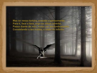 Mas se nessa tortura, exausto o pensamento, Para ti, face a face, ergo os olhos contrito, Passa diante de mim, como um deslumbramento Constelando o teu manto, a visão do Infinito.