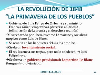 LA REVOLUCIÓN DE 1848
“LA PRIMAVERA DE LOS PUEBLOS”
 Gobierno de Luis Felipe de Orleans y su ministro
Francois Guizot empezaba a parecerse a Carlos X.
(eliminación de la prensa y el derecho a reunión)
Es rechazado por liberales como Lamartine y socialista
utópicos como Luis Le Blanc.
 Se reúnen en los banquetes Luis los prohíbe.
Se da un levantamiento social.
 El rey les envía sus tropas, pero no lo obedecen. Luis
Felipe huye.
Se forma un gobierno provisional: Lamartine-Le Blanc
(burguesía-proletariado).
___________________________________________________
EDITH ELEJALDE 11
 